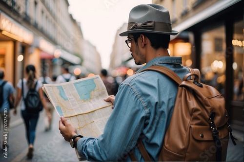 Back view of young man in hat and eyeglasses holding map while walking on the street