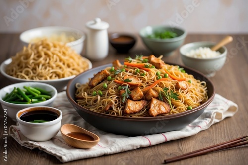 Noodles with chicken and vegetables in bowl on wooden table.