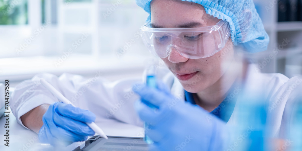 Fototapeta premium Woman scientist person research writing document science study datum in modern laboratory, professional female doctor working on medical test lab note report health technology development analysis