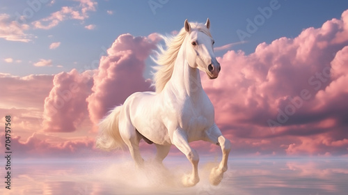 white horse on sunset sky
