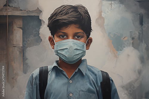 A Portrait of an Indian Schoolboy Wearing a Surgical Mask Amidst the Nipah Virus Outbreak, Reflecting Strength and Determination in Challenging Times Resilience in Adversity photo