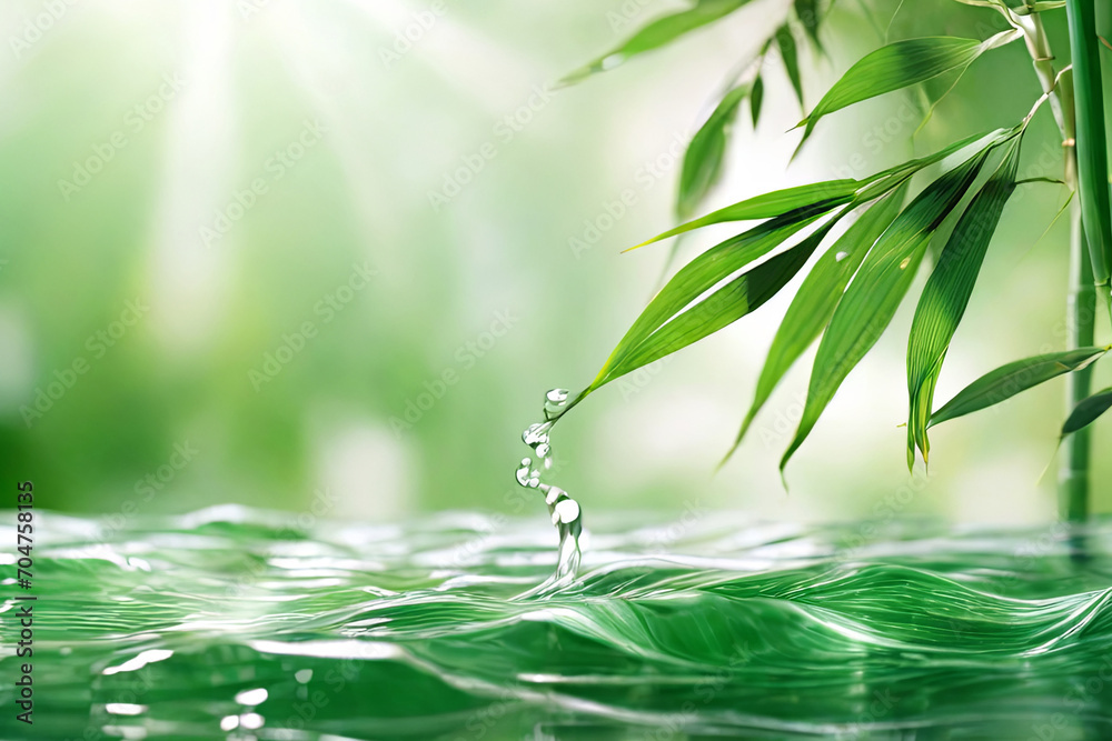 Tranquil spa banner. Bamboo leaf on transparent water wave in sunlight. Ideal concept for travel, cosmetics, and beauty care promotions.