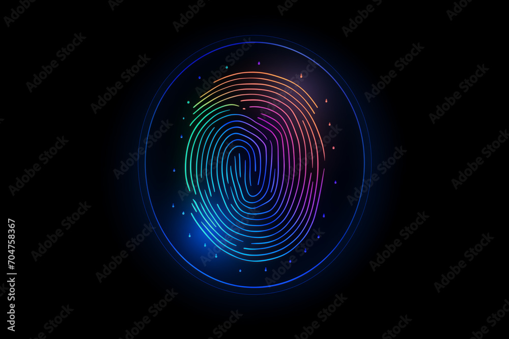 A Neon Fingerprint Shines on a Dark Background, Symbolizing Biometric Identification and Cybersecurity in a Futuristic Concept Illuminated Security A Neon Fingerprint Shines on a Dark Background, Symbolizing Biometric Identification and Cybersecurity in a Futuristic Concept Illuminated Security