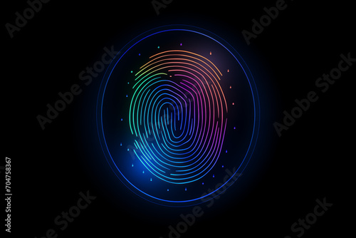 A Neon Fingerprint Shines on a Dark Background, Symbolizing Biometric Identification and Cybersecurity in a Futuristic Concept Illuminated Security photo