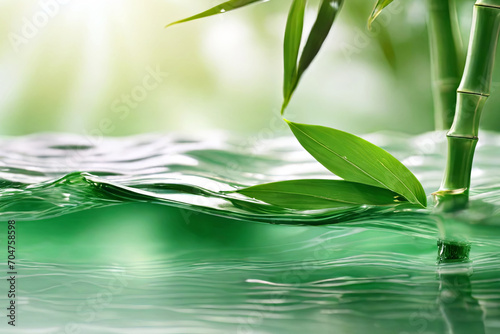 Tranquil spa banner. Bamboo leaf on transparent water wave in sunlight. Ideal concept for travel  cosmetics  and beauty care promotions.