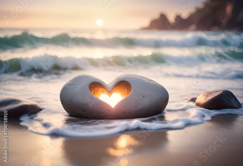 heart made of stone against the background of the ocean for World Sea Day and bokeh