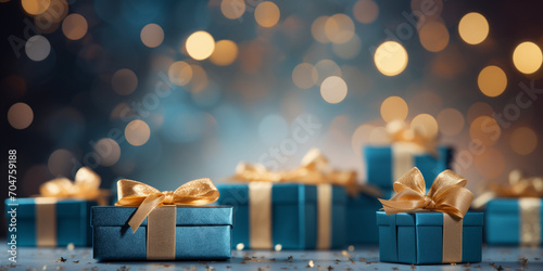 Close up of blue gift boxes with golden ribbon bow tag over blurred bokeh background with lights. Christmas decor. Greeting festive image. Copy space generated by AI. photo