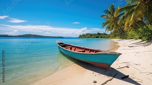 Wooden boat on a tropical beach with palm trees © duyina1990
