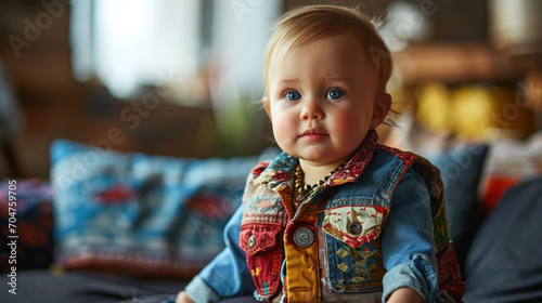Infant in a denim vest, 90s nostalgia in a cozy setting. A gaze full of wonder.