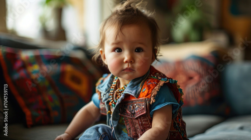 Pensive toddler in a colorful outfit, lost in thought. 90s home fashion with a modern twist.