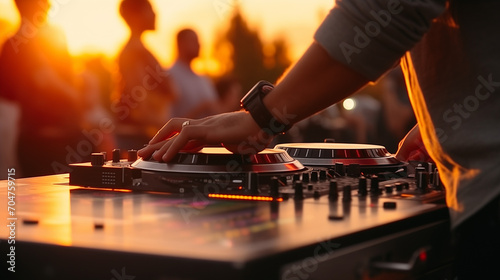 Dj mixing music, DJ Hands creating and regulating music on dj console mixer in concert outdoor, Ai generated image photo
