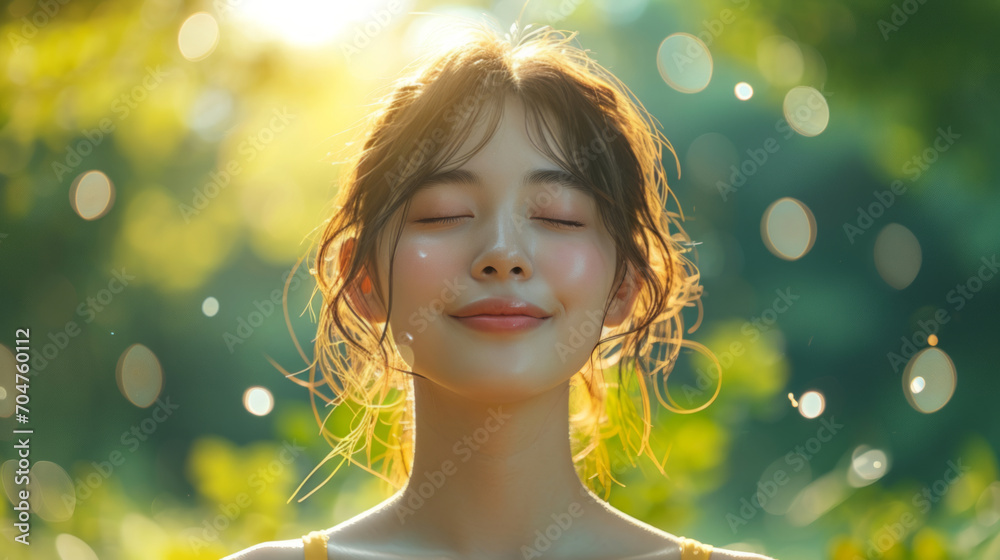 Asian young woman, relax, smile, eyes closed, inhale fresh air, expression air in forest Asian young woman, relax, smile, eyes closed, inhale fresh air, expression air in forest