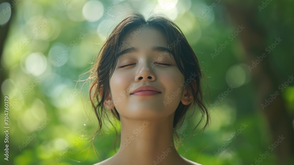 Asian young woman, relax, smile, eyes closed, inhale fresh air, expression air in forest Asian young woman, relax, smile, eyes closed, inhale fresh air, expression air in forest