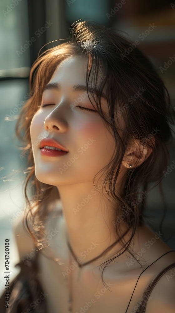 Asian young woman, relax, smile, eyes closed, inhale fresh air, expression air in forest Asian young woman, relax, smile, eyes closed, inhale fresh air, expression air in forest