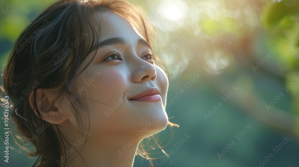Asian young woman, relax, smile, eyes closed, inhale fresh air, expression air in forest Asian young woman, relax, smile, eyes closed, inhale fresh air, expression air in forest