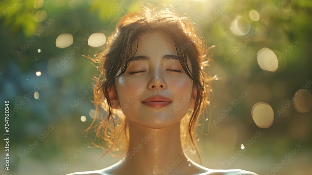 Asian young woman, relax, smile, eyes closed, inhale fresh air, expression air in forest Asian young woman, relax, smile, eyes closed, inhale fresh air, expression air in forest