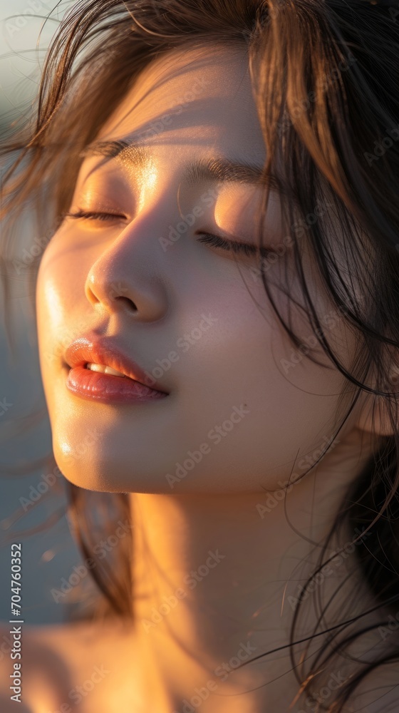 Asian young woman, relax, smile, eyes closed, inhale fresh air, expression air in forest Asian young woman, relax, smile, eyes closed, inhale fresh air, expression air in forest