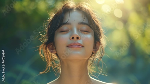 Asian young woman, relax, smile, eyes closed, inhale fresh air, expression air in forest