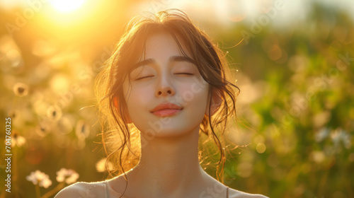 Asian young woman, relax, smile, eyes closed, inhale fresh air, expression air in forest
