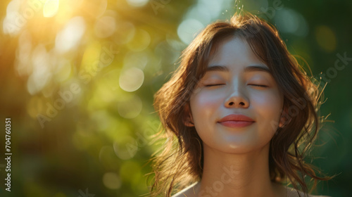 Asian young woman  relax  smile  eyes closed  inhale fresh air  expression air in forest