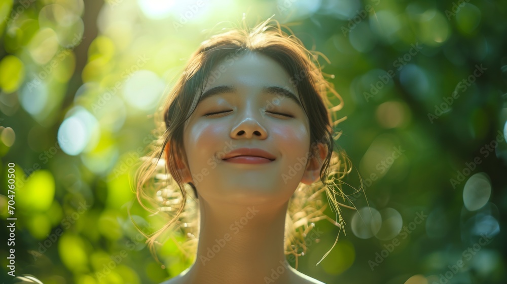 Asian young woman, relax, smile, eyes closed, inhale fresh air, expression air in forest Asian young woman, relax, smile, eyes closed, inhale fresh air, expression air in forest