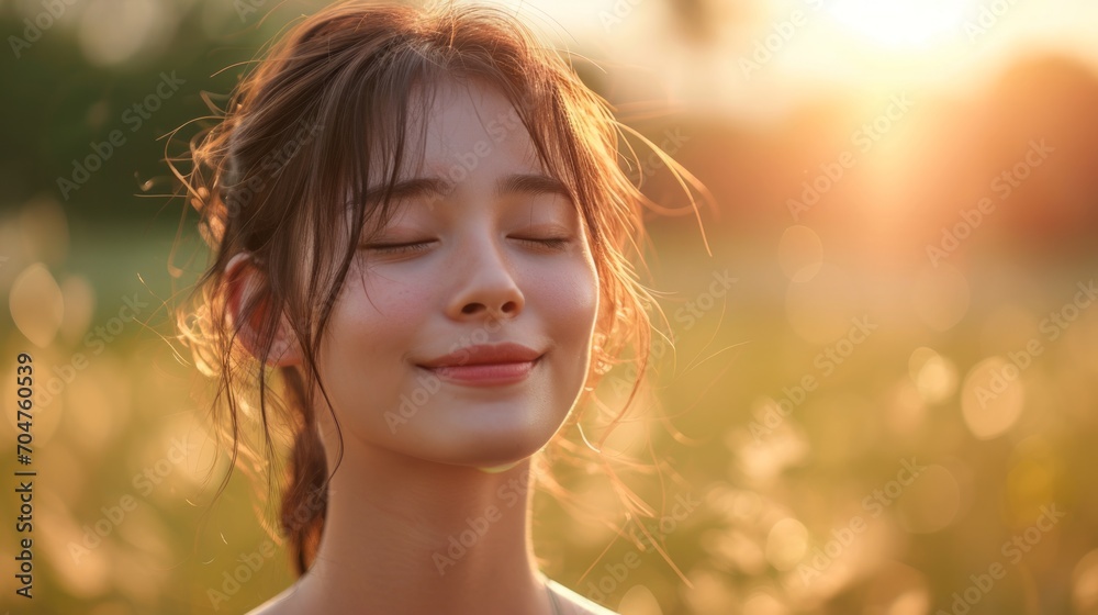 Asian young woman, relax, smile, eyes closed, inhale fresh air, expression air in forest Asian young woman, relax, smile, eyes closed, inhale fresh air, expression air in forest