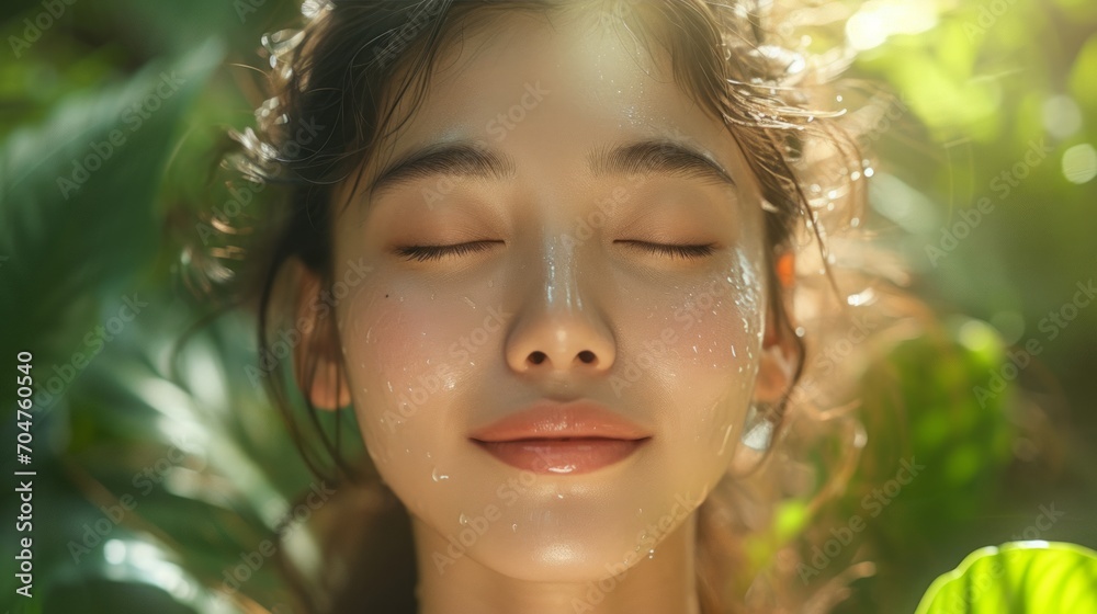 Asian young woman, relax, smile, eyes closed, inhale fresh air, expression air in forest Asian young woman, relax, smile, eyes closed, inhale fresh air, expression air in forest