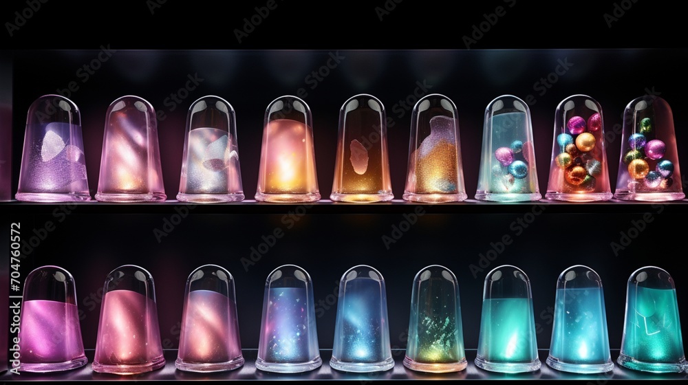 A display of different shades of nail polish with a holographic effect.
