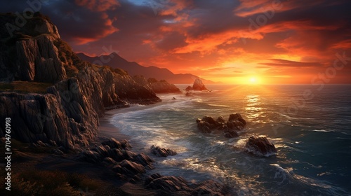 A dramatic sunset over a rocky coastal cliff