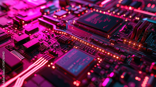 Futuristic and Abstract Technology Background with Complex Circuit Boards and Neon Lights