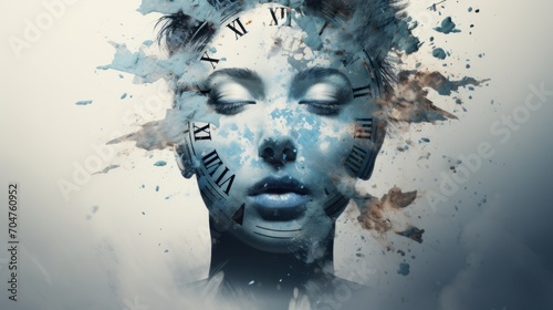 A fragmented visage in monochromatic blue with clock elements, evoking the fleeting and fractious nature of time and emotion.