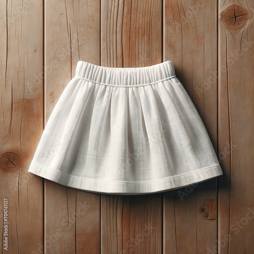 A mockup of a clean and plain white kids' skirt laid out flat on a rustic wooden floor background