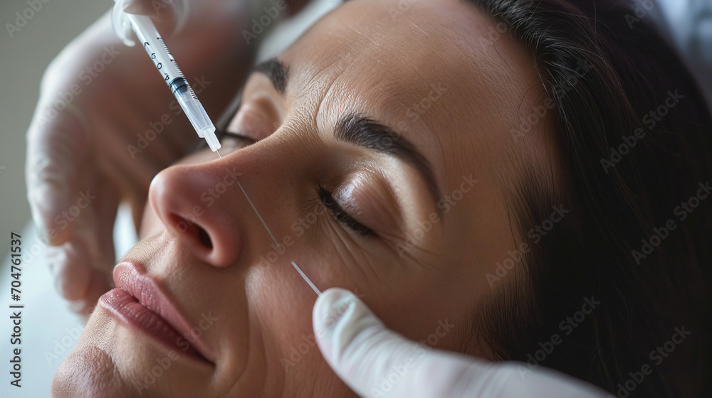 Woman getting cosmetic injection on the face or nose. Woman getting cosmetic injection on the face or nose.