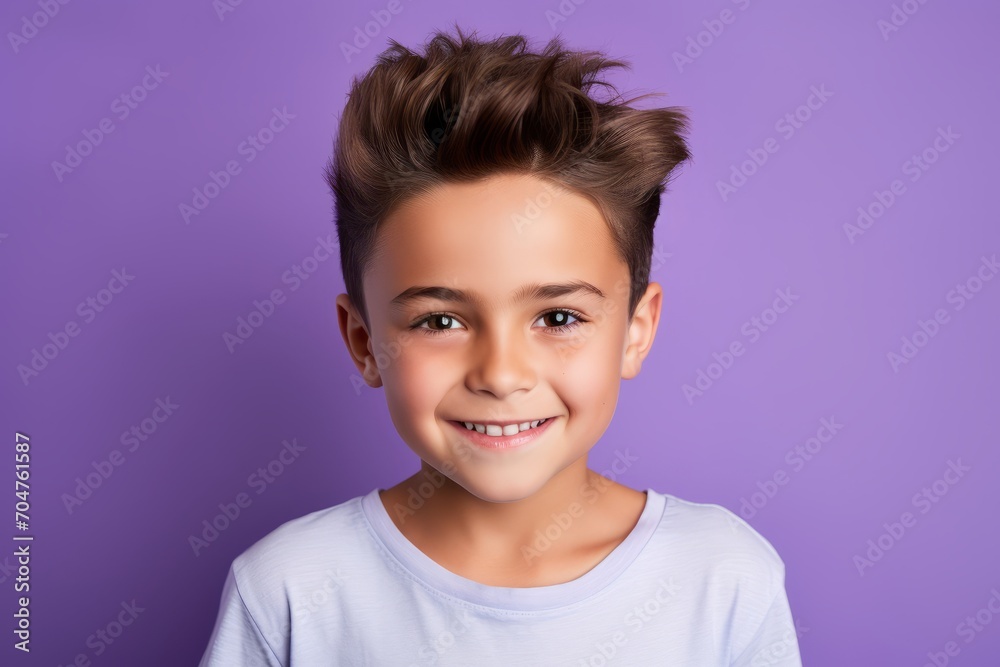 Portrait of a cute little boy with trendy hairstyle, looking at camera and smiling, over purple background Portrait of a cute little boy with trendy hairstyle, looking at camera and smiling, over purple background