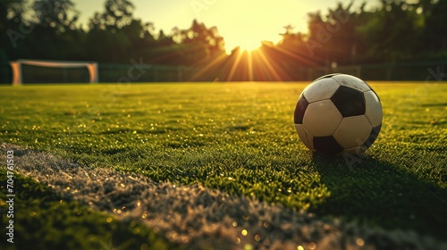 textured free soccer field in the evening light - center, midfield with the soccer ball 