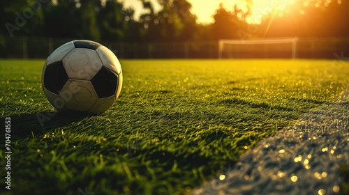 textured free soccer field in the evening light - center, midfield with the soccer ball  © buraratn