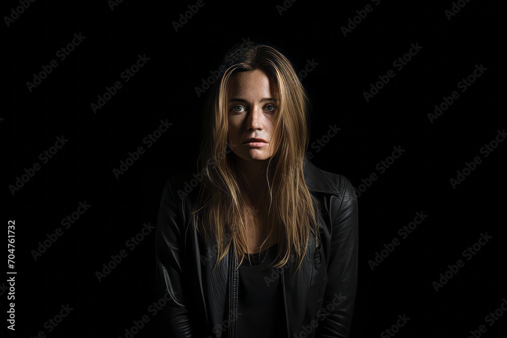 Portrait of a beautiful young woman in a black jacket on a black background Portrait of a beautiful young woman in a black jacket on a black background