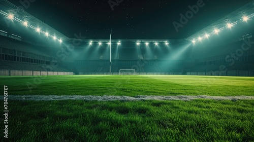 universal grass stadium illuminated by spotlights and empty green playground © buraratn