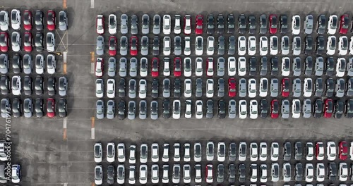 Aerial view of a big parking lot full of new cars perfectly aligned at the Georgia Ports Authority and International Auto Processing.