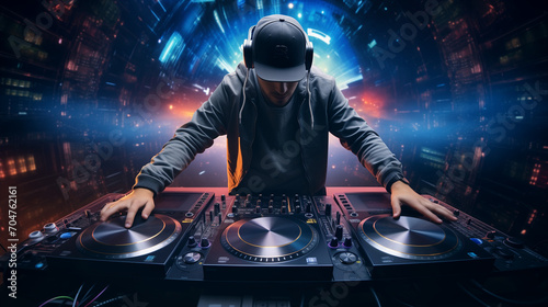 Dj controller with headphones on top of it, dj mixing music, Ai generated image  photo