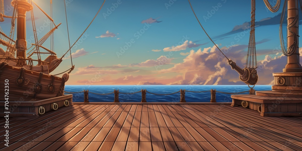 Naklejka premium Wooden deck of a pirate ship at sunset