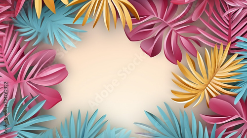 tropical paper palm leaves frame. summer tropical leaves © Aura