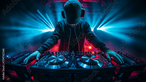 Dj playing live music on a night club, DJ studio sound console for mixing tracks and processing sounds, DJ mixing tracks in a nightclub, Ai generated image 