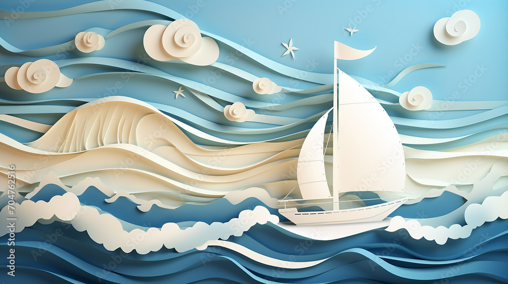 white sailboat with clouds sun and waves. sea landscape white sailboat with clouds sun and waves. sea landscape