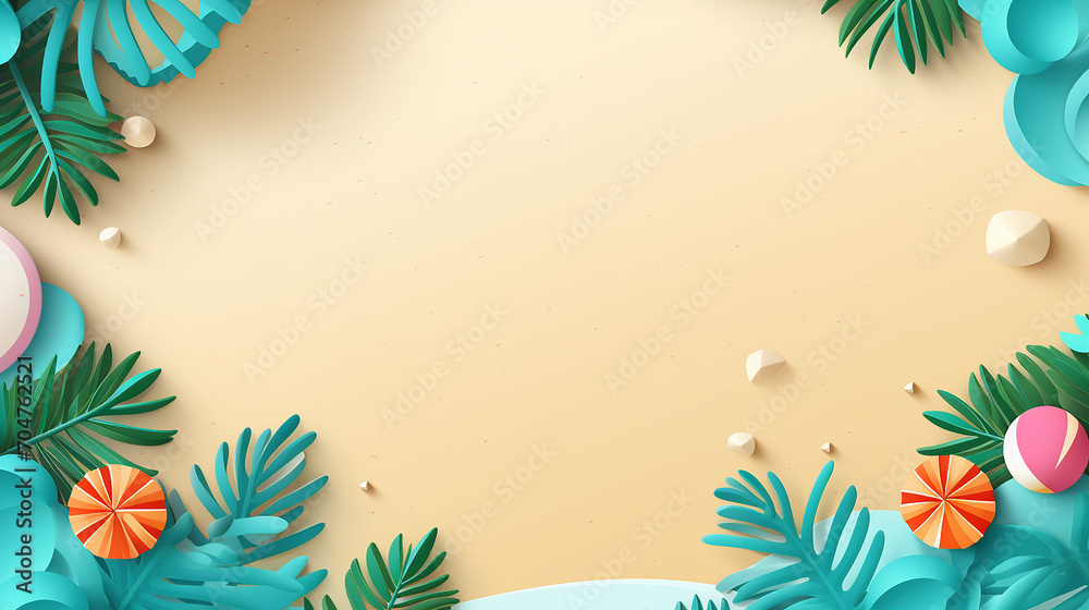water drop splash on sand beach with ball swim ring. tropical leaves and blank space