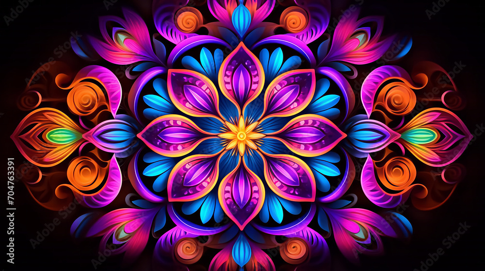 Flower mandala in neon colors on a black background.