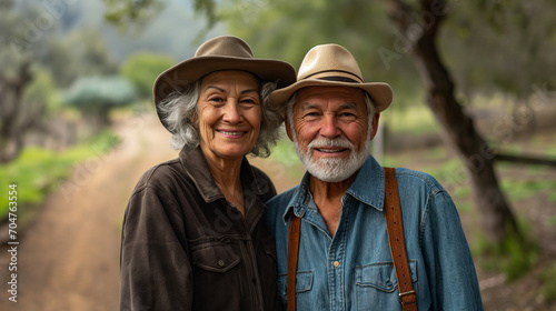 Older senior couple in the country, stopped for a quick candid portrait photo while walking on the dirt path.