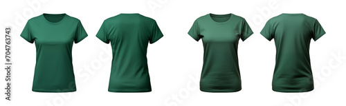 realistic set of female green t-shirts mockup front and back view isolated on a transparent background, cut out