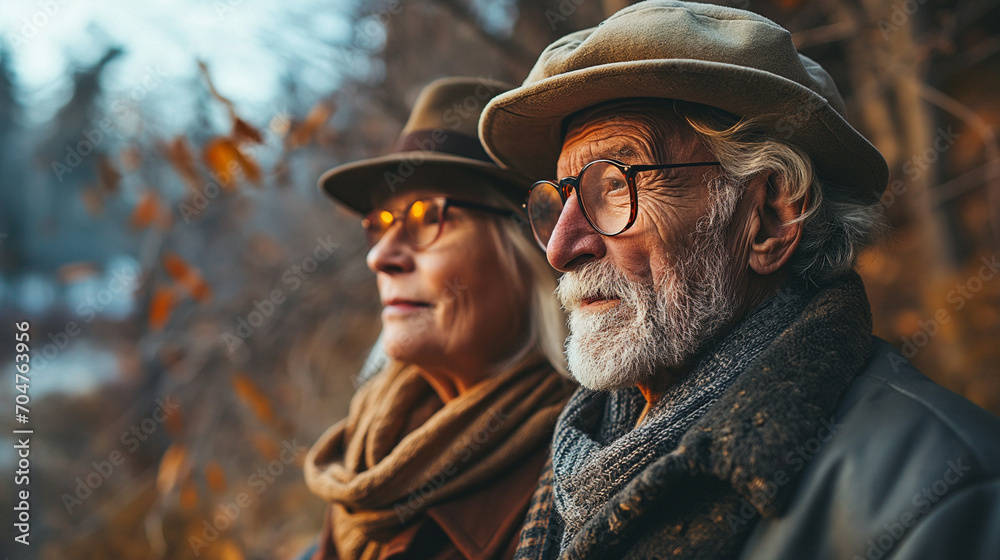 Older couple wearing hats outdoors, looking to the side. 
