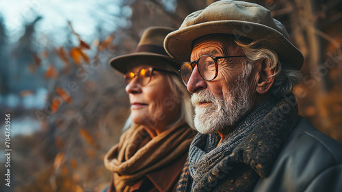 Older couple wearing hats outdoors, looking to the side. 